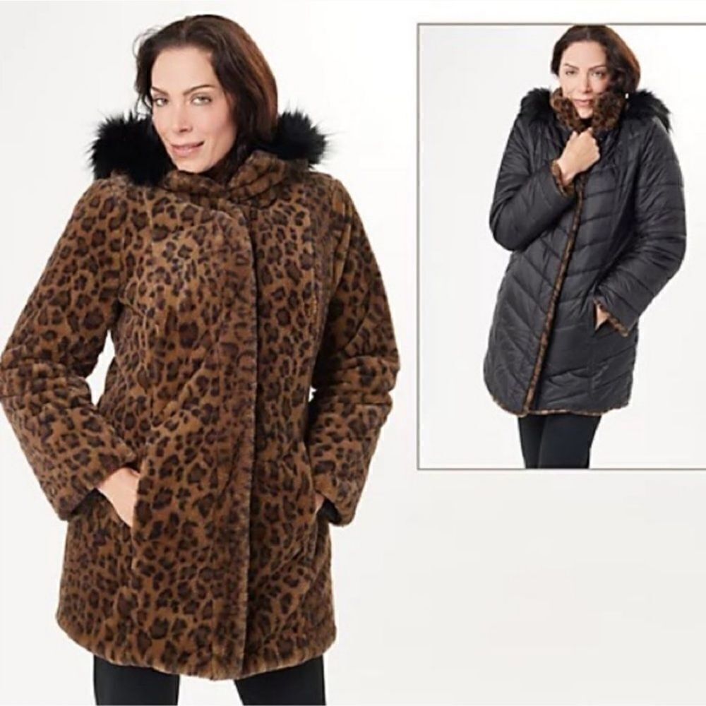 Reversible Dennis Basso Coat - Black Puffer & Faux Fur Leapord Print Size XXS - Picture 2 of 16